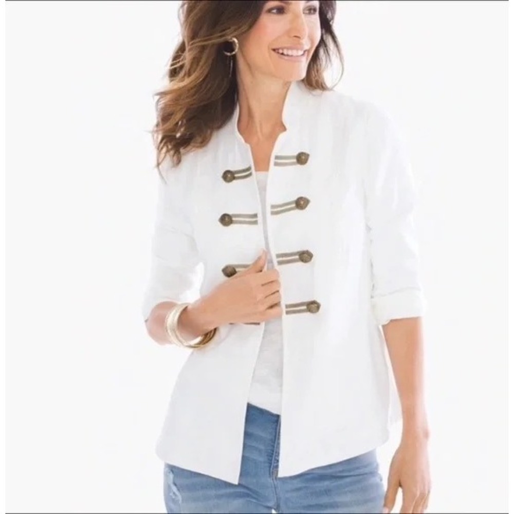 Chico's women 1X‎ white 3/4 sleeves open front peplum military jacket NWT
